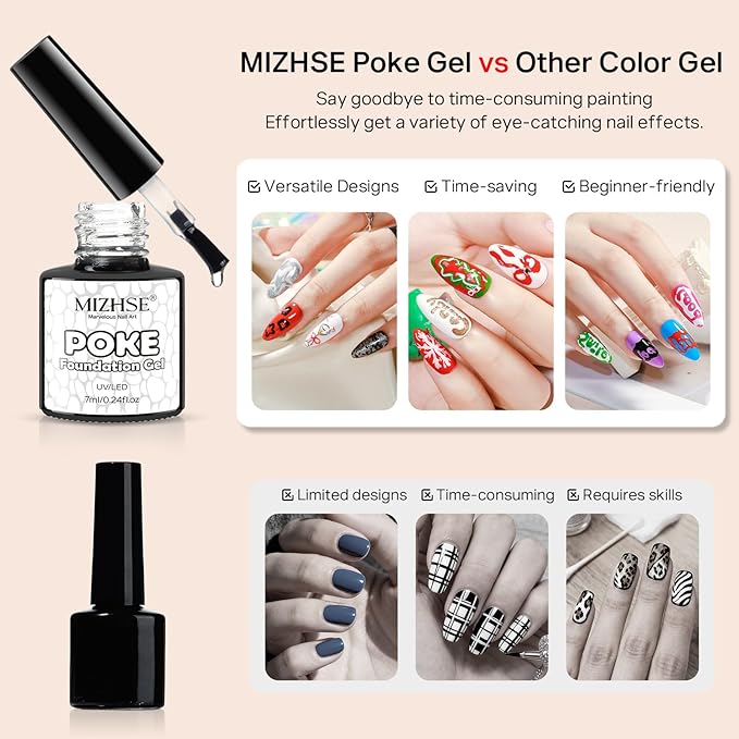 MIZHSE Poke Gel Nail Polish Set, with Professional Poke Foundation Gel, Multifunctional Drawing Painting Nails Art Design Classic Colors Lace Letter Wave Flower Manicure DIY Home Gift for Women
