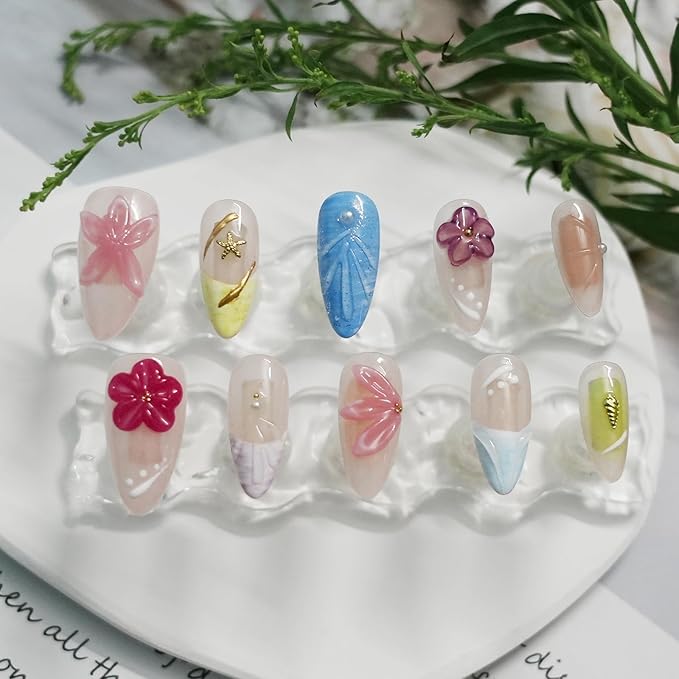 Handmade Press on Nails 3D Floral Carved Medium Almond Fake Nails French Tips, Multi-Layer Gel Acrylic Nails for Women Nail Art (Sheer Floral Glow,M)
