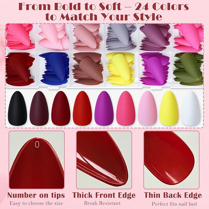 AddFavor Press on Nails Medium Almond Fake Nails, 576pcs 24 Colors Almond Press on Nails Full Cover Acrylic Nail Press ons, Matte False Nail Tips for Women Glue on Nail