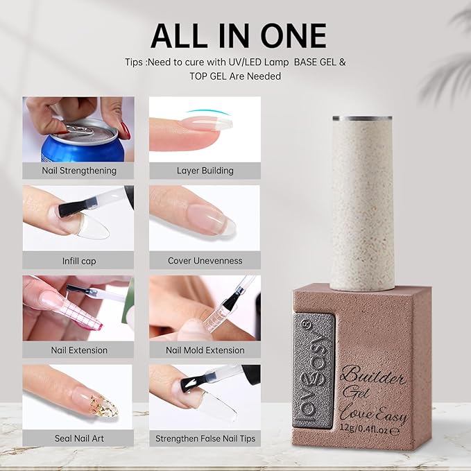Clear Builder Gel for Nails, Soft Polish Thickness Strengthener Extender Apex Fast Leveling 28+ Days Chip Resistance Hypoallergenic & Odorless for Thin Weak (U V Nail Lamp Needed, pH 6.8)