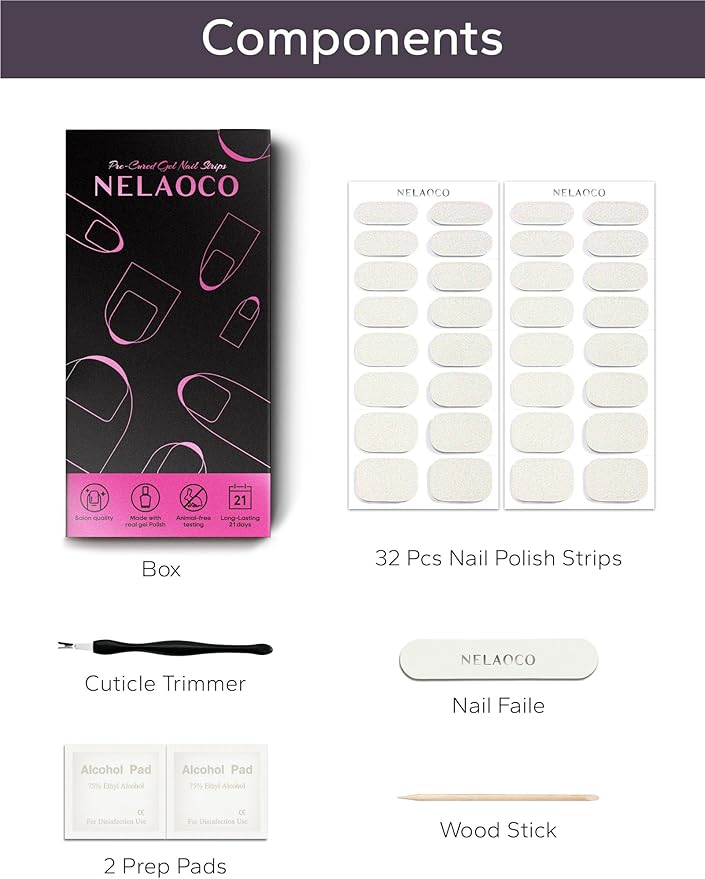 Nail Polish Strips – 32PCS UV Free Salon Quality Wraps, Long Lasting Gel Nail Stickers for Women (Snowflake White)