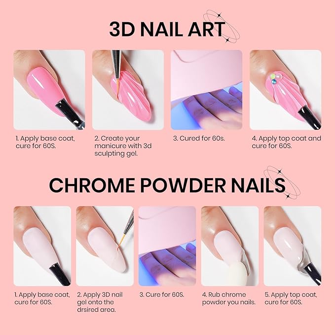 3D Gel Nail Art with No Wipe Chrome Powder Sculpting Painting Gel for Nail Charms Rhinestone Decoration Adhesive with Nails Art Brushes DIY Manicure at Home