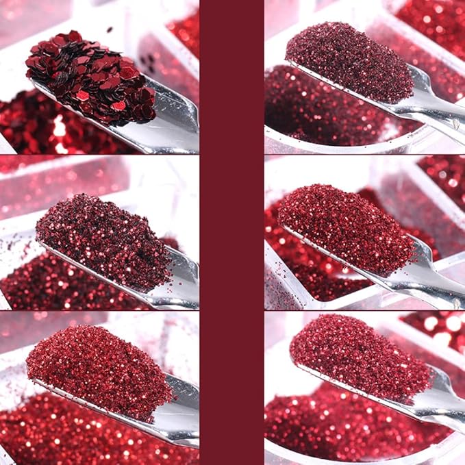 Red Nail Art Glitter Sequins Red Crystal Diamond Sparkly Nail Powder Valentine's Day Nail Supplies New Year Wedding Shiny Nail Flakes for Women Girls Holographic Manicure Tips Charms Pigment 6 Boxes