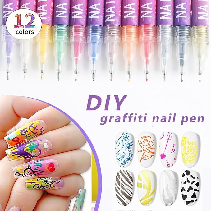 12 Colors Nail Art Pens Set, Nail Art Markers 0.5mm Fine Tip Polish Pens Graffiti Dotting Pen Drawing Painting Liner Brush for DIY Nails Design Decoration Manicure Tools