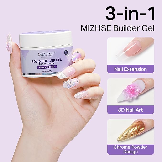 MIZHSE Hema-Free Solid Builder Gel for Nails, 60g Non-sticky 3D Sculpting Gel for Nail Art Clear Hard Molding Gel U V/LED Soak Off Extension Gel for Woman Girl Home DIY Manicure