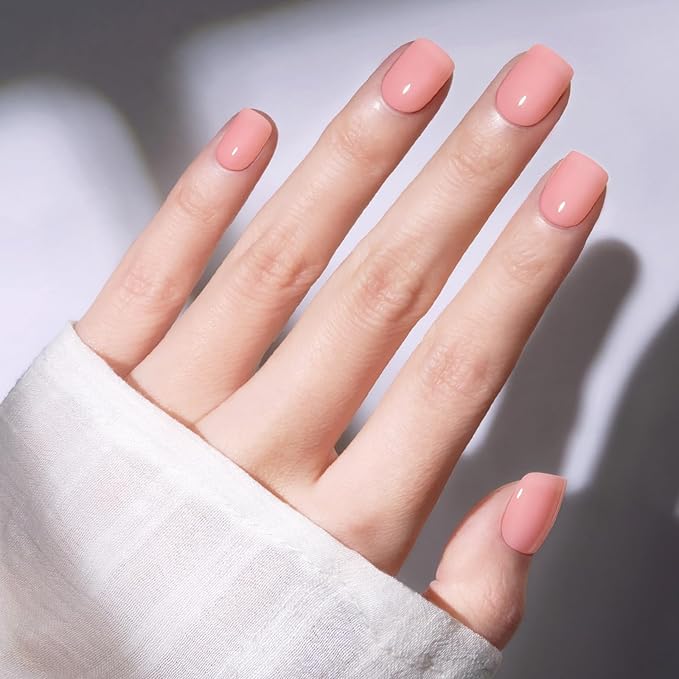 Modelones Extra Short Press on Nails, Peach Jelly Semi-Transparent Squoval Fake Nails, Reusable Nail Kit with Nail Glue Adhesive Tabs Mini Nail File, Nails Press Ons 32Pcs 16 Sizes, Women Girl Gift