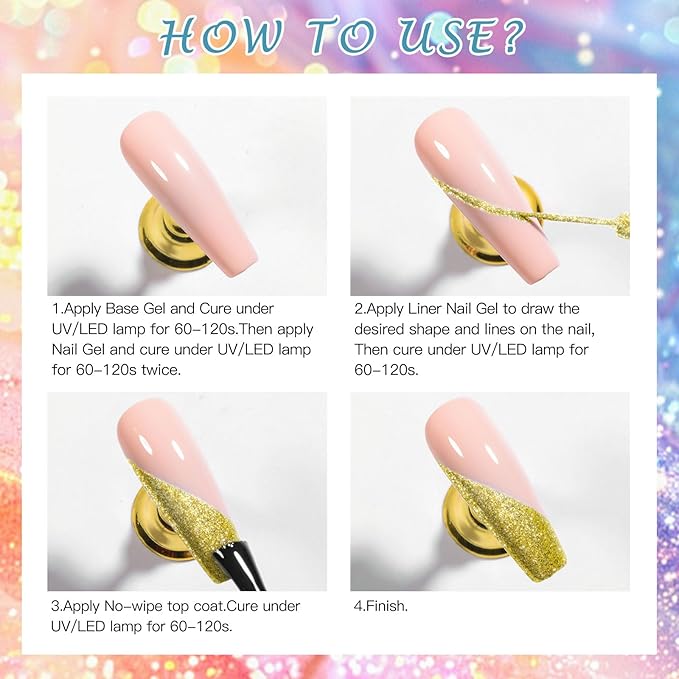 MTSSII Reflective Glitter Liner Nail Gel, Paint Gel With Thin Art Brush In Bottle, Sparkly Liner Nail Art Polish, Painting Polish for Swirl Nails Cyber Punk French Acrylic Nail