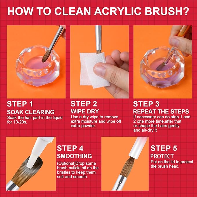 6PCS Acrylic Nail Brush Set, Kolinsky Hair, Oval Crimped Pressed Shaped, Red Metal Handle, Professional Manicure for DIY Home Salon - Sizes 4/8/10/12/14/16