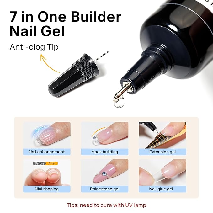 MIZHSE Builder Gel for Nails, 2Pcs 15mL Clear Hard Builder Gel for Nail Thickening Tip Design Rhinestone Glue U V LED Extension for Nail Art Design