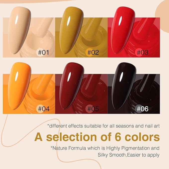 Gel Polish Set of 6 Colors 12ml with Red Orange Brown, Gel Polish Kit for Salon DIY at Home, Soak Off LED UV Gel Nail Polish, Gifts for Women Girls