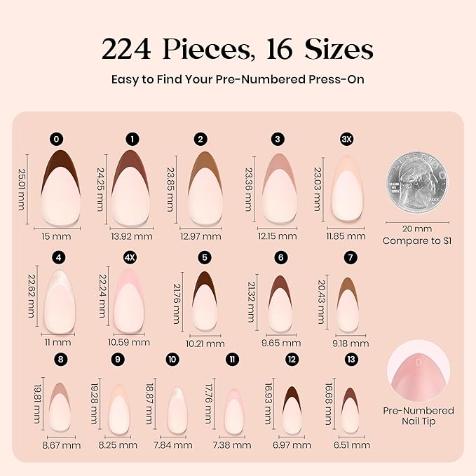 Beetles French Tip Press On Nails - Cappuccino Mousse French | 7 Colors Medium Almond Press On Nails Brown | 16 Sizes 224 Pcs Natural Salon Quality For Women