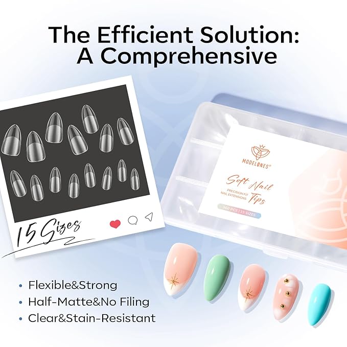 modelones Medium Almond Gel Nail Tips, 360pcs Pre-etched Clear Fake Nails Press On Full Cover Half Matte 15 Sizes Acrylic Gel Tips for Extension Salon