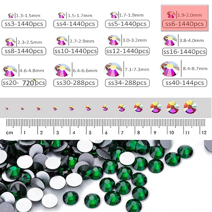 Dowarm 1440 Pieces SS6 Flatback Nail Crystals, Glass Crystal Rhinestones for Craft Nails Dance Costumes, Non Hotfix Rhinestones (SS6 / 2MM, Green/Emerald)