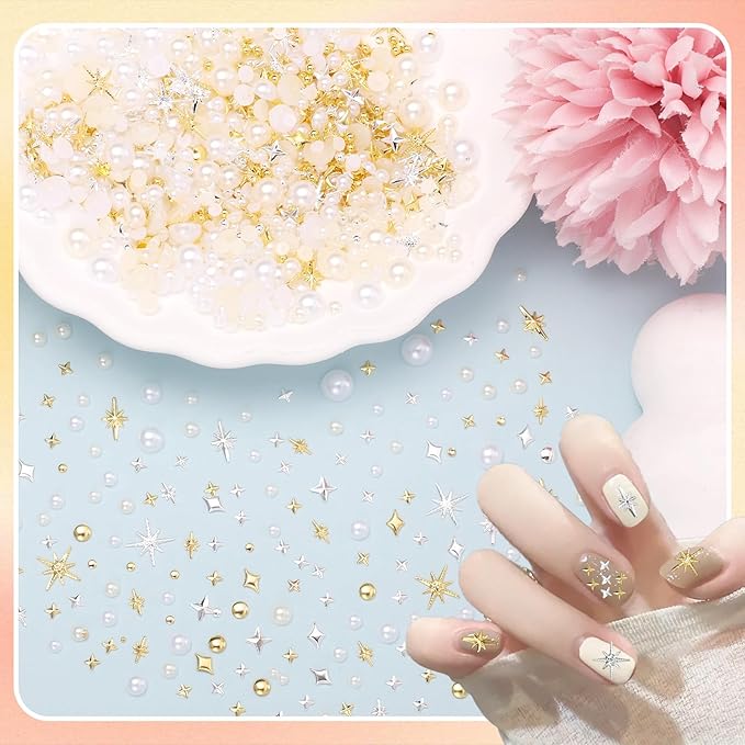 Silver Gold Nail Beads for Nail Art, Metal Caviar Nail Beads, Nail Pearls for Nail Art, Silver Gold Cross Star Nail Studs Rivet Charms for Nails Design DIY Craft Accessories