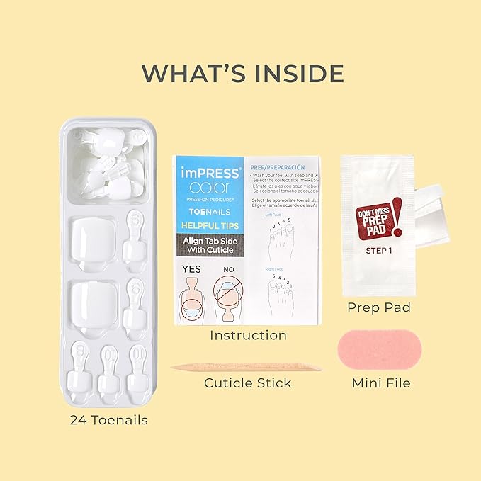 KISS imPRESS Pedicure Press On Toenails, 'Angel Vibes', White, Short Squoval, Nail Kit Includes 24 Press On Toenails, Prep Pad, Mini Nail File, & Pedicure Stick (Pack of 2)