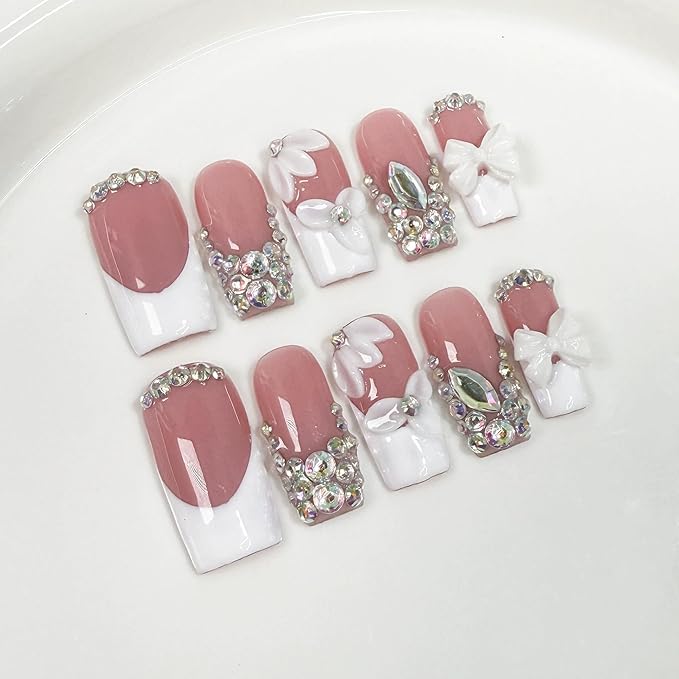 Luxury Rhinestone Medium Square Press on Nails Handmade 3D Flower Art Fake Nails Sparkly Glossy Design White French Thick False Nails Muti-Layer Gel Stick on Acrylic Nail for Women 10Pcs (Size M)