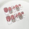 Luxury Rhinestone Medium Square Press on Nails Handmade 3D Flower Art Fake Nails Sparkly Glossy Design White French Thick False Nails Muti-Layer Gel Stick on Acrylic Nail for Women 10Pcs (Size M)