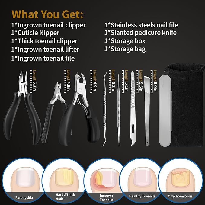 Toe Nail Kit, 7PCS Pedicure Tools for Feet, Heavy Duty Toenail Clippers for Thick Toenails or Ingrown Toenail Removal, Professional Nail Nippers Cutters with Non-Slip Handle for Seniors