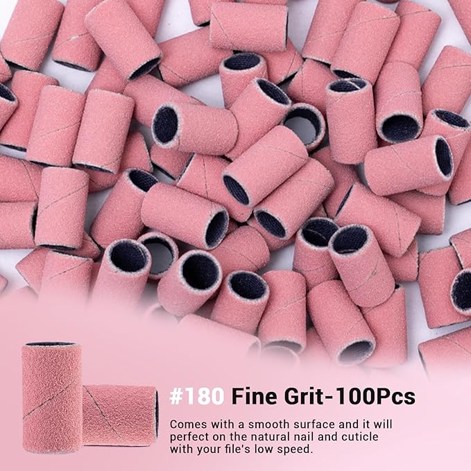 MelodySusie 100 Pcs Nail Drill Bits Sanding Bands for Nail Drill 180 Fine Grit Nail File Sanding Bands for Acrylic Nails Gel Manicures and Pedicure (Pack of 2)
