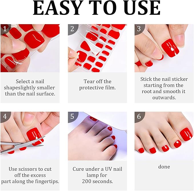 34 Pcs Semi Cured Gel Toe Nail Strips Dark Red Gel Nail Stickers Full Cover Nails Wraps Self Adhesive Toe Nails Polish Strips Stickers for Women UV/LED Light Required