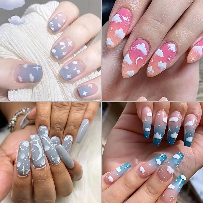 8 Sheets Cloud Moon Nail Stickers, 3D Black White Design Self-Adhesive Nail Art Decals,Flame Starlight Butterflies DIY Manicure Decorations for Women Girls
