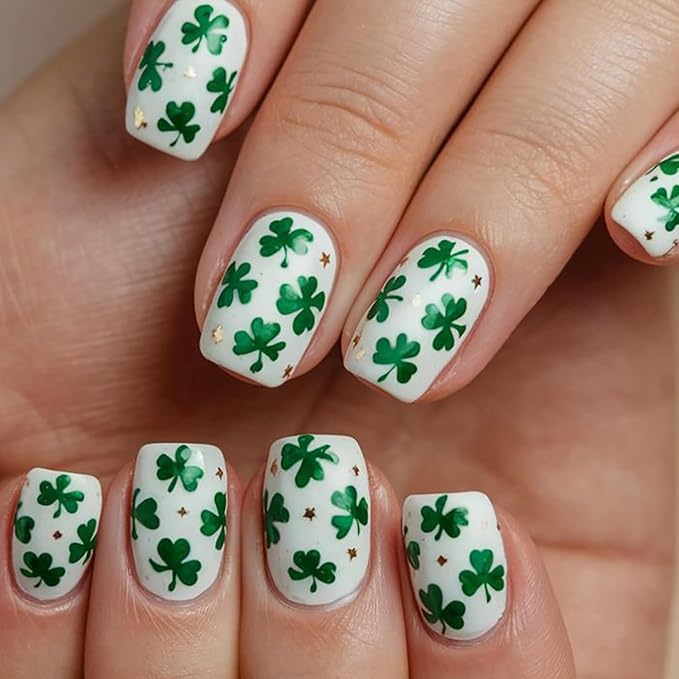 24Pcs St. Patrick's Day Fake Nails Green Shamrock Press on Nails Short Square False Nails Four Leaf Clover Glue on Nails Irish St. Patrick's Day Acrylic Stick on Nail Spring Artificial Nails for Women