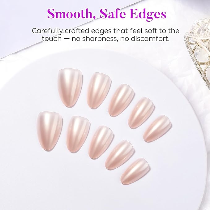 Luxbon Press On False Nails with No-Cure Nail Glue and Tool Kit–Almond Acrylic Stick On Nails Soft Gel Tips 30-32pcs Full Size Set, Reusable Fake Nails for Women, Fit Perfectly, Pearlescent Pink