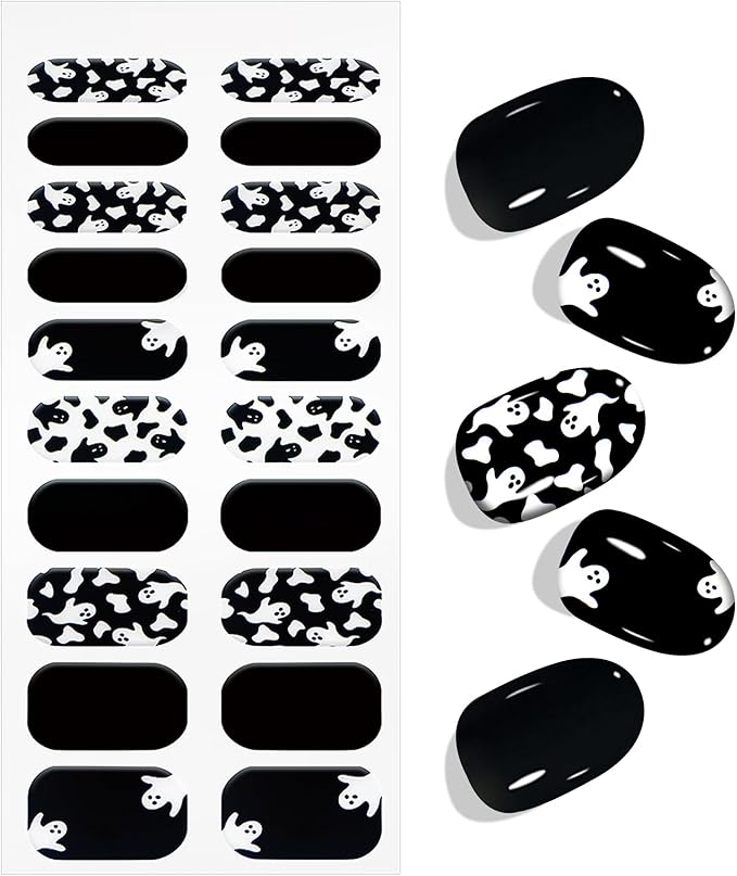 JMEOWIO Gel Nail Stickers Halloween Black White Cute Ghost Semi Cured Gel Nail Strips Wraps UV/LED Nails Art Design Decoration Accessories