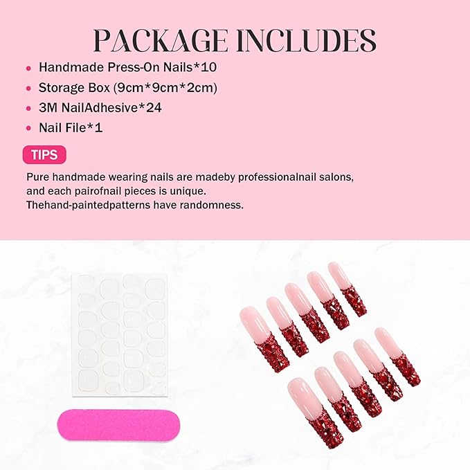 10Pcs Luxury Rhinestone French Tip Fake Nails Handmade Square Press on Nails Extra Long False Nails with Designs Pink Sparkly Full Cover Reusable Acrylic Nails Press ons for Women DIY (Size M)