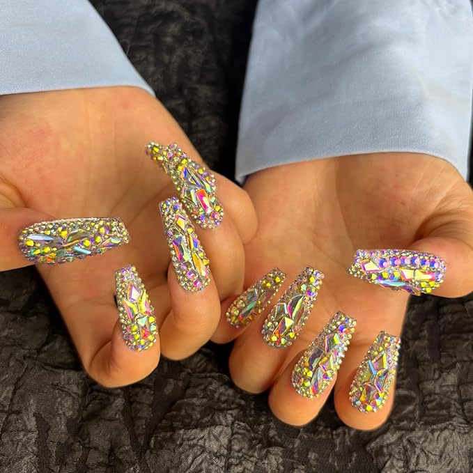 Trendy Handmade Press On Nails Long Square Shape,10Pcs Crystal AB Diamonds Large Acrylic Fake Nails with 3D Rhine Stone Luxury Design Stick On Nail for Woman Gift