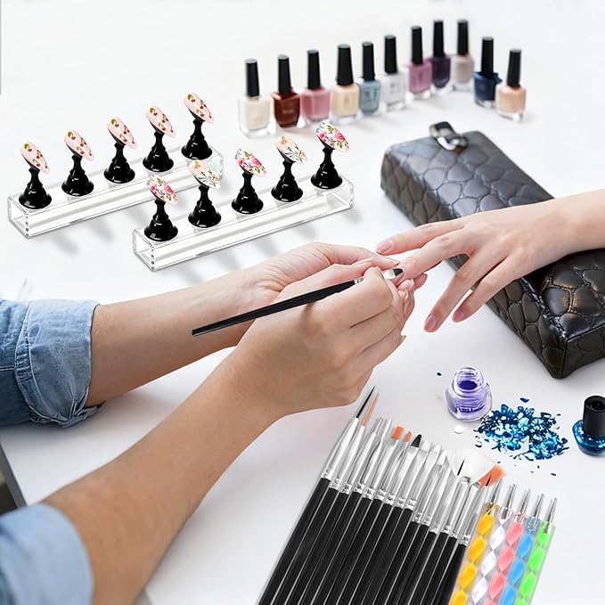 Nail Art Tools Kit with 15 Nail Art Brushes, 5 Dotting Tools, Nail Stand for Press-on, Nail Design Tools for Salon & DIY Home Manicure (Black)