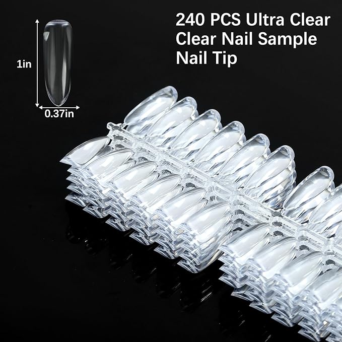 240PCS Flat Long Almond Nail Display Tips,Solid Clear Acrylic Nail Color Swatches for Nail Art Design Pattern Practice and Nail Display