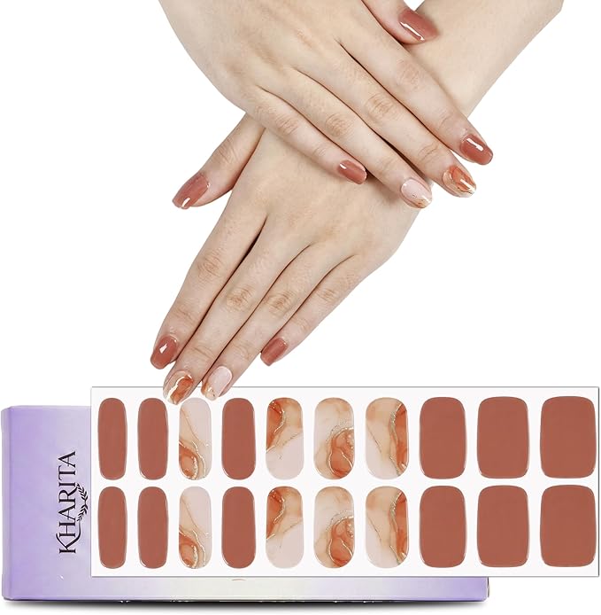Semi Cured Gel Nail Strips – Real Gel Nail Polish Wraps for Brittle Nails | Long Lasting Easy Peel-Off Removal | Hema-Free | 20-Piece Fall Pattern Salon Sticker Kit with File & Stick