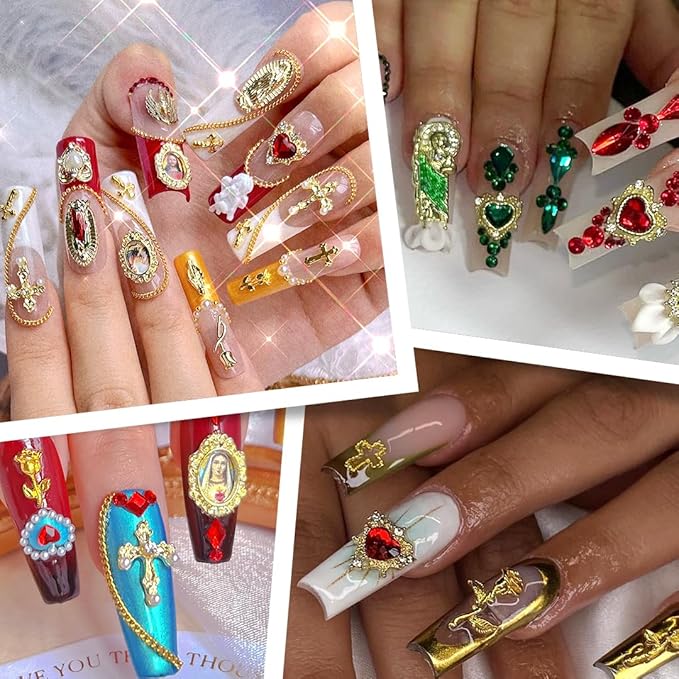 107pcs Virgin Mary Cross Gold Nail Charms Gems,San Judas Nail Charms 3D Alloy Heart Rose Angel Rhinestones for Acrylic Nail Art Religious Nail Stickers Manicure Decoration Supplies (Green, Red, Gold)