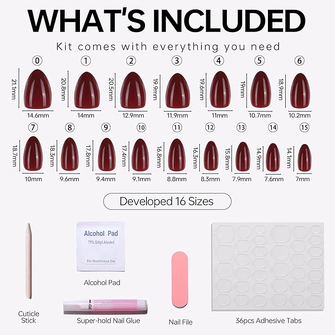 Burgundy Red Press On Nails Short, 16 Sizes Almond Fake Nails Glossy 32pcs, Nail Glue Included