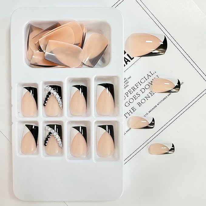 French Tip Press on Nails Medium Square Fake Nails Black White Tip False Nails with Designs Rhinestone Stick on Nail Full Cover Glossy Acrylic Artificial Nail for Women Manicure 24Pcs