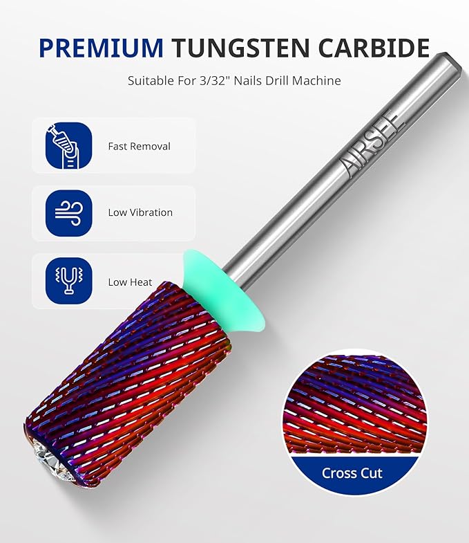AIRSEE Tungsten Carbide Acrylic Nail Drill Bit Super Cut Bit Efile Electric File Machine Head Tip for Manicure Polishing Art Remove Gel Professional 3/32" Beginner Safety Crystal Top Barrel Coarse