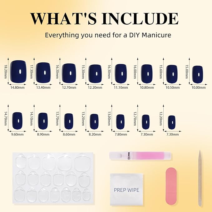 Navy Blue Press On Nails - Short Square Dark Blue Press on Nails Glossy Fake Nails Press Ons for Women DIY Fake Nails Kit with Glue, Reusable Glue on Nails Short in 15 Sizes - 30pcs, Midnight Blue