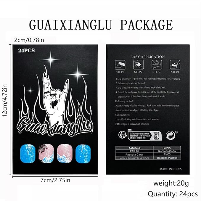 Blue French Tip Press on Nails Short Square Fake Nails with Designs Ocean Sea Waves Glue on Nails Coconut Tree Acrylic Nails Summer Artificial Nails Glitter Full Cover Stick on Nails for Women