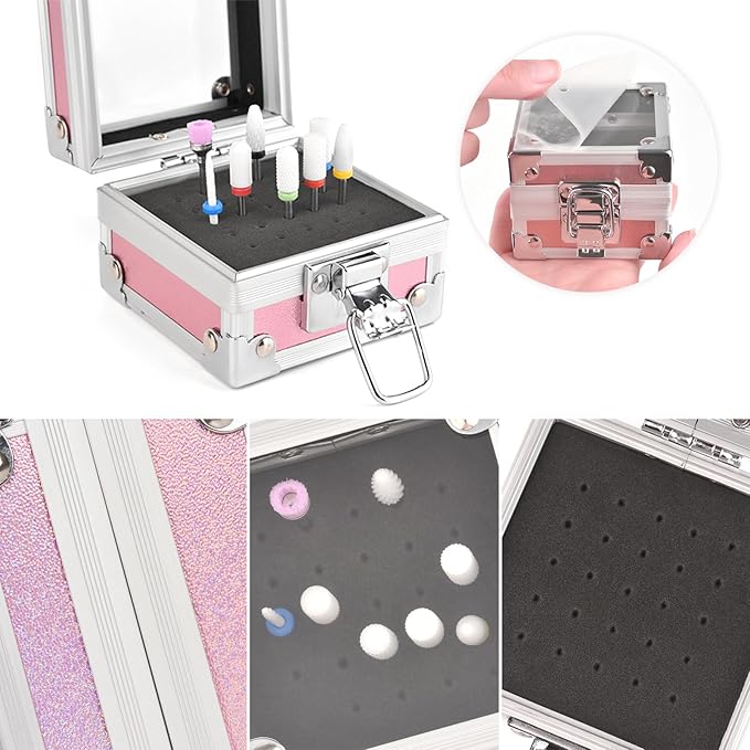 Professional 25 Holes Nail Drill Bits Box Container Nail Drill Grinding Bit Holder Nail Polish Head Storage Box Nail Tools Organizers Container Display Storage Box Manicure Tool (Pink)