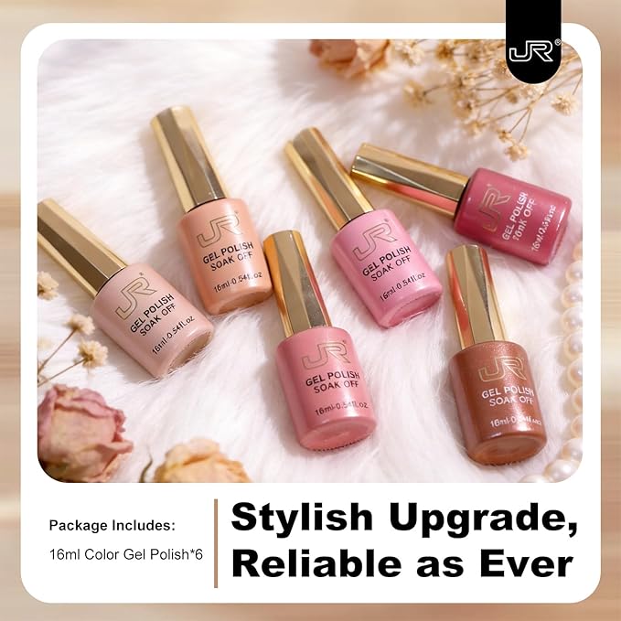 JR Gel Nail Polish Set, 16ml Full Size Bottle 6 Colors Nude Brown Pink 9D Cateye Glitter Nail Gel Polish Gift Soak Off Led Nail Art Kit Salon DIY Colorful Bottle B