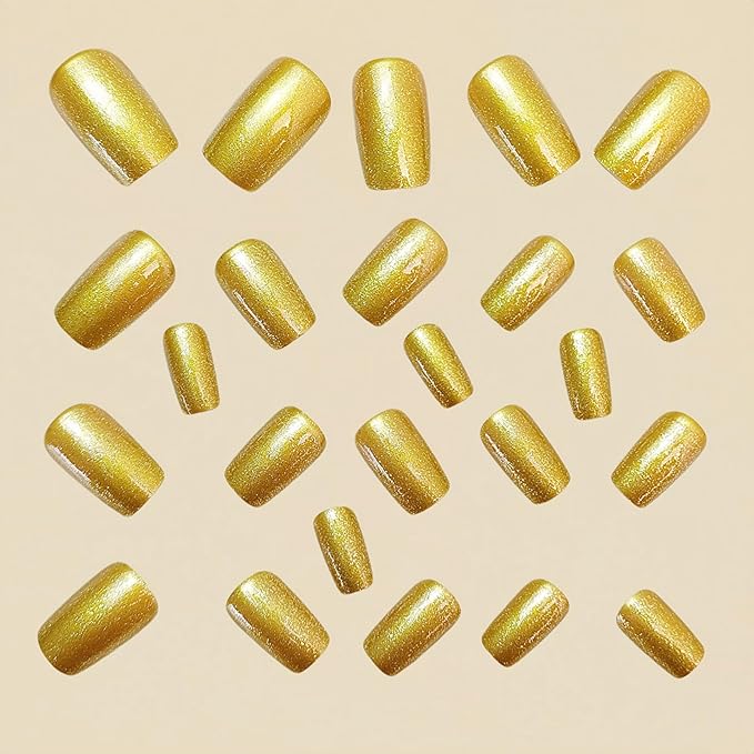 Gold Press on Nails Short Square Fake Nails Press ons with Designs Gold Glitter Full Cover Glue on Nails Shiny Glossy Acrylic False Nails Stick on Nail for Women Nail Manicure Decoration 24Pcs