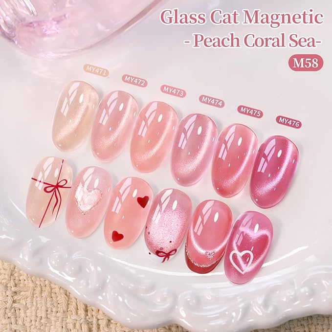 Born Pretty Pink Cat Magnetic Eye Gel Nail Polish Jelly Nude Soft Rose Pink Crystal Glass Magnetic Shimmer Glitter Nail Polish Salon Gel Manicure and Nail Art DIY at Home 7ML 6PCS