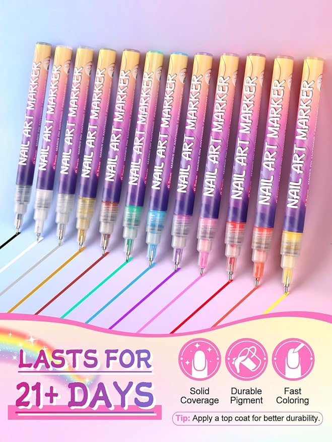 EBANKU 12 Colors Nail Art Pens Kit 0.5MM Ultra-Fine Tip 3D Nail Polish Pens Quick-Dry Acrylic Paint Pens Nail Markers Dotting Tools for Valentine's Heart Nails Home & Salon Manicure