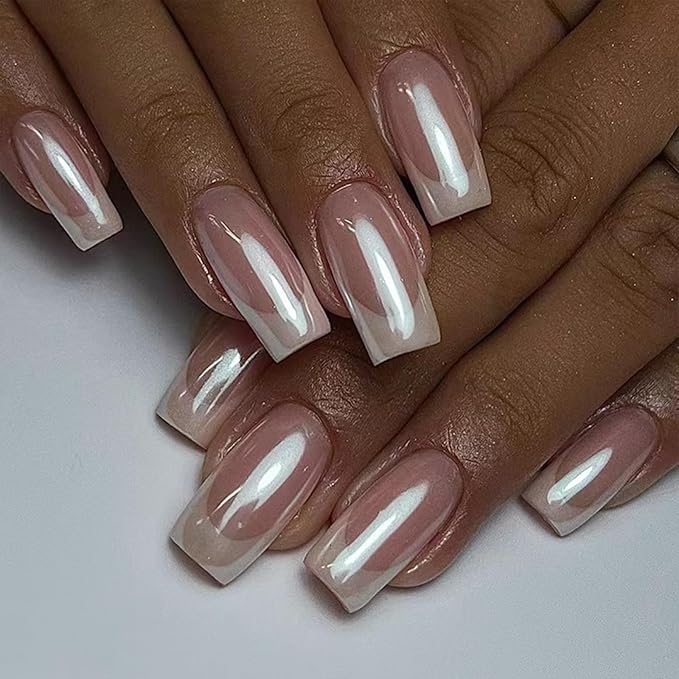 French Tip Press on Nails Square Medium Fake Nails Chrome Mirror Acrylic Nails Press ons with Designs Pearl Powder Artificial False Nails Glossy Full Cover Glue on Nails for Women Manicure 24 Pcs