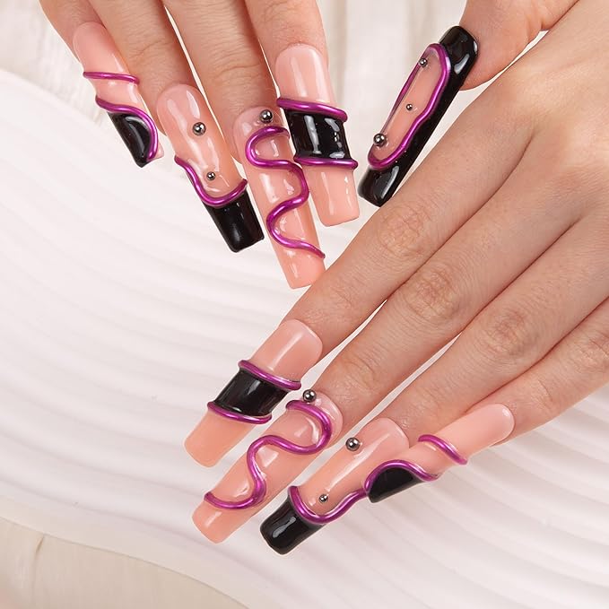 LOVFUL Press on Nails Black Pink| Handmade with Full Covered Crystals| Reusable Fake Nails| Square Mid length 1.7in| H236-S