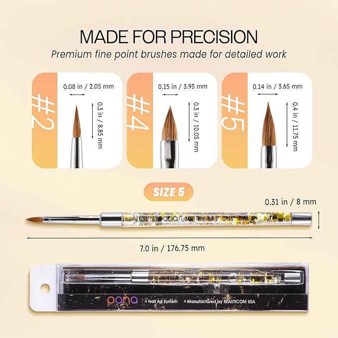 PANA 3D Kolinsky Nail Art Brush - Gold Glitter Handle, Size 5 - Acrylic Nail Art Sculpture Brush for Manicures Pedicure Salon Professional or Beginner