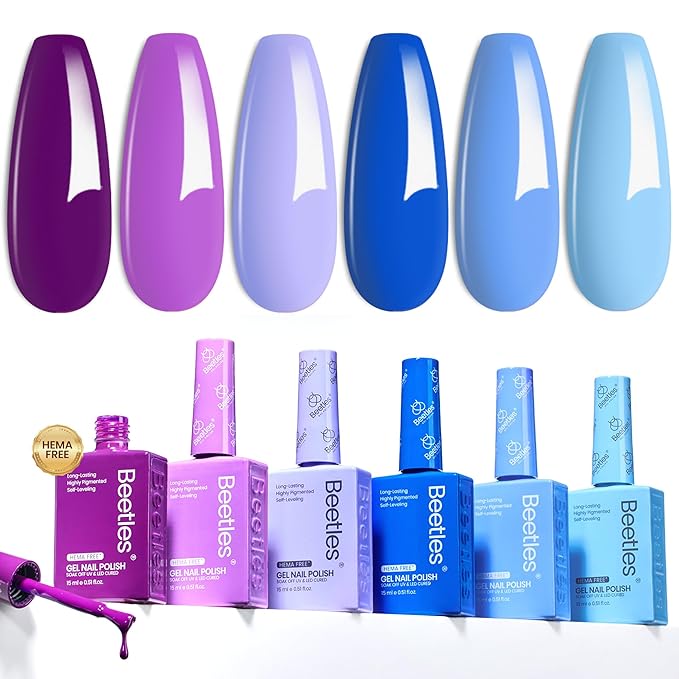 Beetles Purple Blue Gel Polish Set - 6 Colors 15ml Hema-Free Baby Blue Purple Polish Kit Spring Wisteria Whisper Collecction Soak off Uv Led Lamp Nail Art Salon Colorful Bottle Manicure