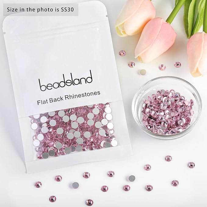 Beadsland Flat Back Crystal Rhinestones Round Gems for Nail Art and Craft Glue Fix, Light Pink, 6.3-6.5mm, SS30/288pcs