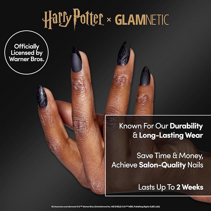 Harry Potter™ x Glamnetic Press On Nails - Deathly Hallows™ | Black Harry Potter™ Graphic Short Almond Nails in a Matte & Glossy Finish | 15 Sizes - 30 Nail Kit with Glue